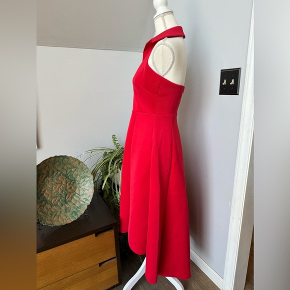 Belle Badgley Mischka Red High Low Collared Halter Dress Scuba Material size 4 - Picture 4 of 11
